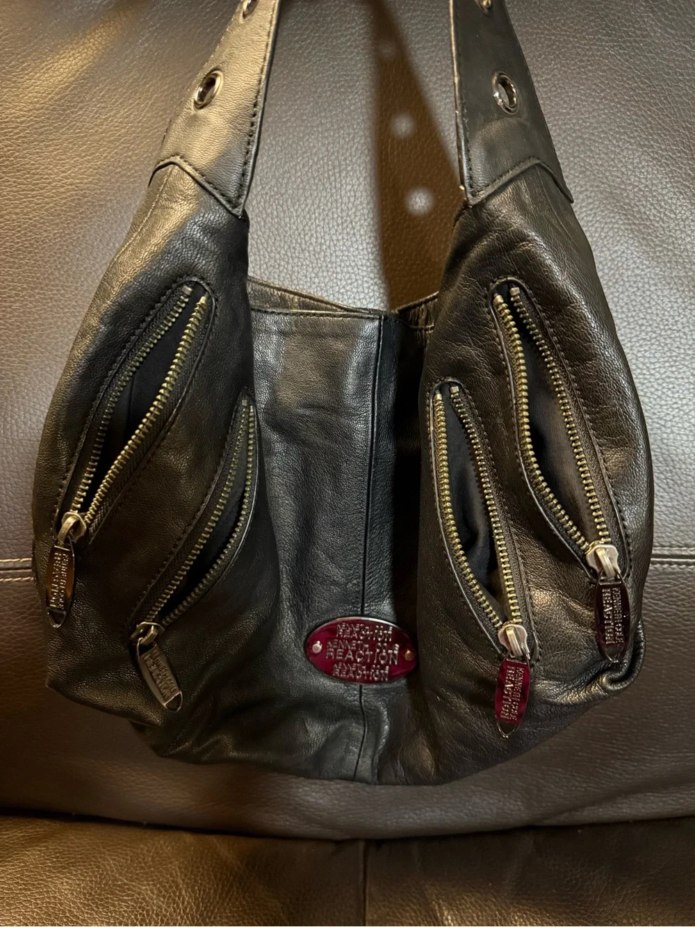 Kenneth Cole Reaction Black Leather Shoulder Hobo with Grommet Strap